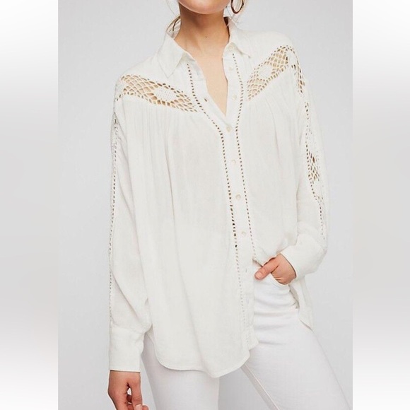 Free People Tops - Free People Katie Bird White Lace Inlet long sleeve button down top size XS